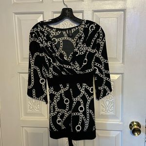 Apostrophe Black & White Chain Print 3/4 Sleeve Tie Waist Size Small